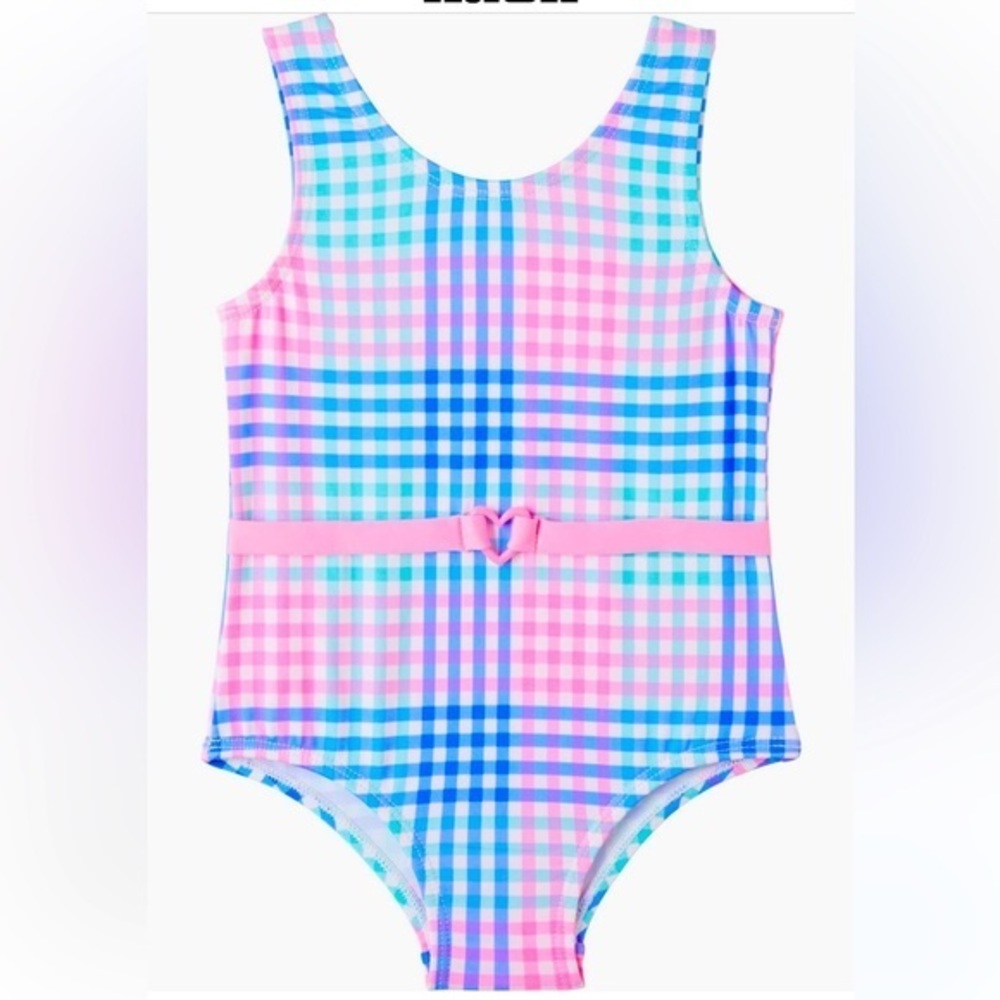 Pink Platinum One Piece Pink and Blue Gingham Swimsuit with Heart Detail ::NWT::